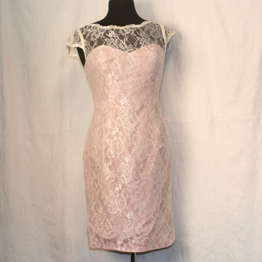 Pink with Off-White Lace Fitted Gown - Open Back